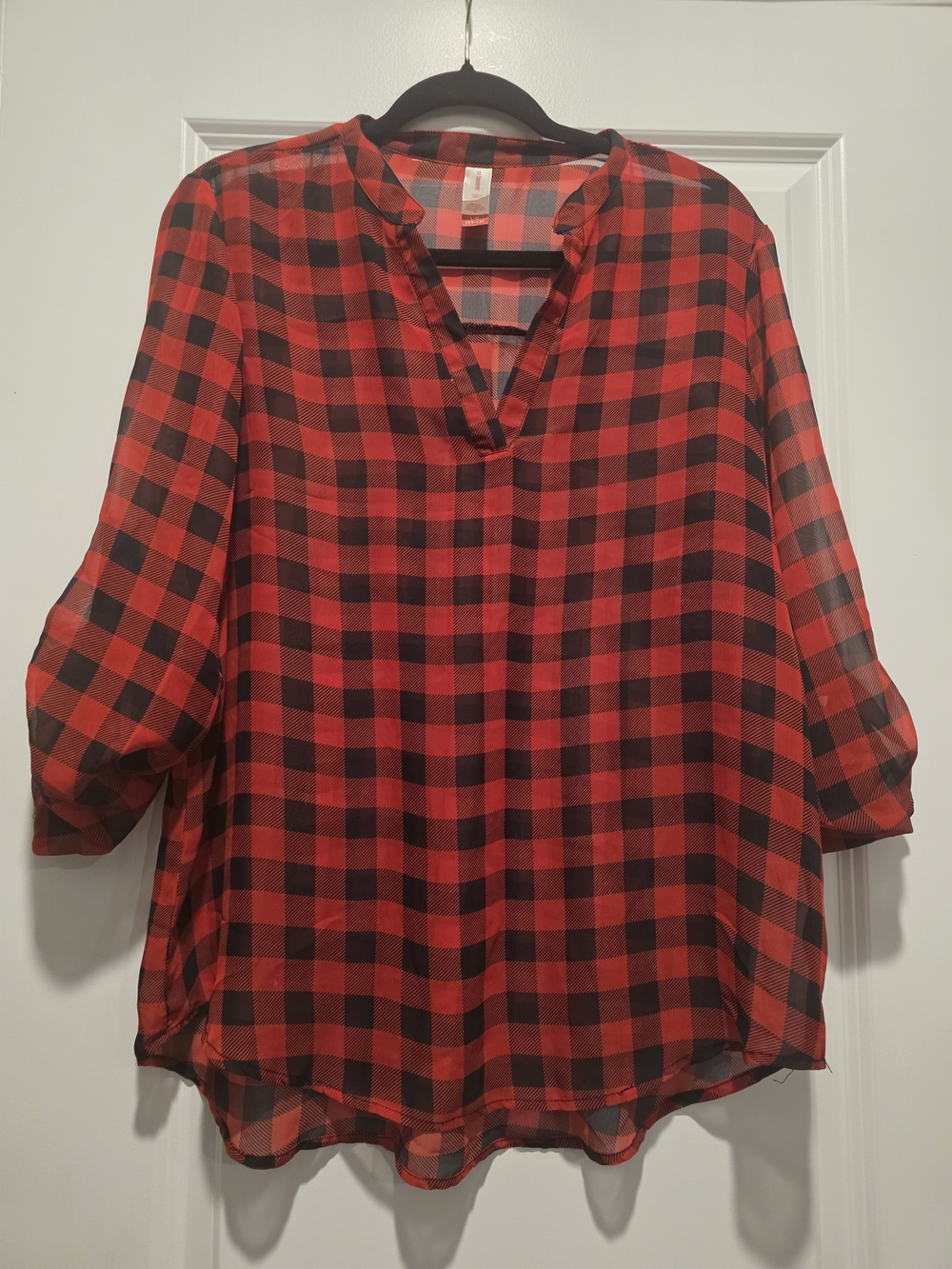 No Boundaries Sheer Red and Black Buffalo Plaid Tunic Top Large Holiday